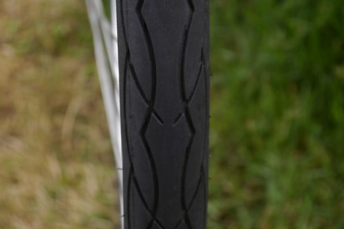 Though the tread may look good on old bicycle tires they are still hazardous. This tire's tread shows almost no wear.