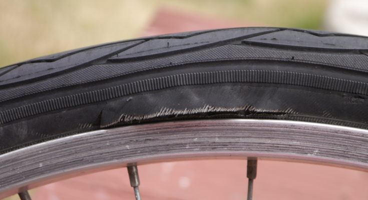 Old bicycle tire with sidewall blown out.