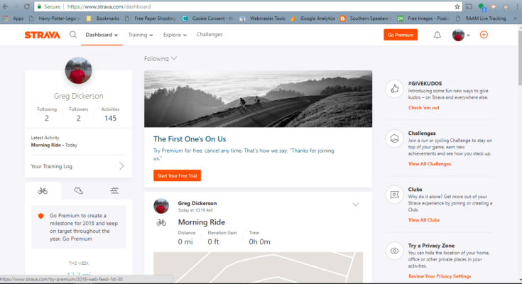 The Strava app dashboard.