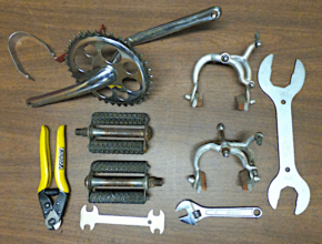 Bike repair tools and parts.