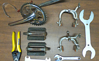 Bike repair tools and parts.