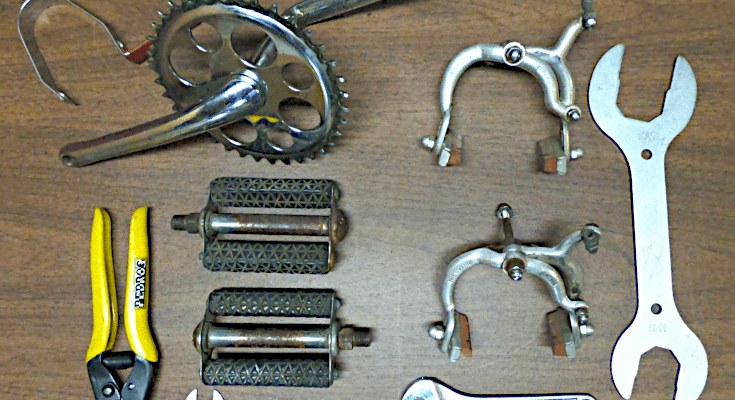 Bike repair tools and parts.