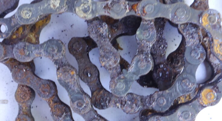 This bicycle chain is too rusty to be saved.